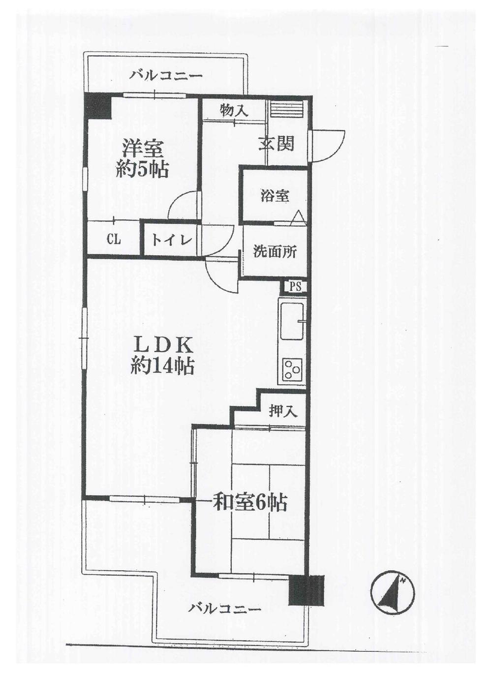 Floor plan. 2LDK, Price 21,800,000 yen, Occupied area 59.27 sq m , Balcony area 20.74 sq m