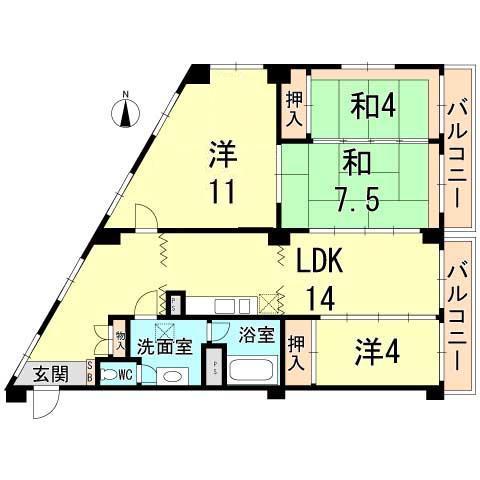 Floor plan. 4LDK, Price 14.8 million yen, Occupied area 99.96 sq m , Balcony area 11 sq m