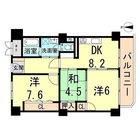 Floor plan. 3LDK, Price 13,900,000 yen, Occupied area 64.32 sq m , Balcony area 7.89 sq m