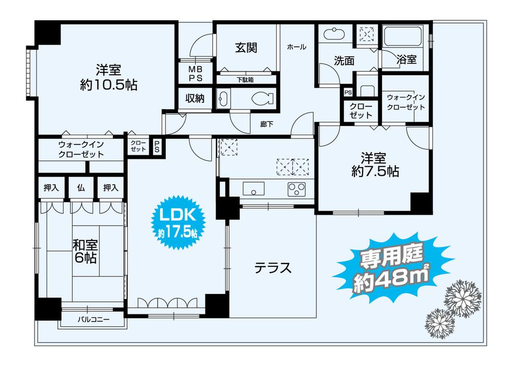 Floor plan. 3LDK, Price 27,800,000 yen, Footprint 107.11 sq m , Loose 3LDK footprint of area 1.95 sq m or more each room 6 Pledge balcony 107.11 sq m ! Spacious private garden 48 sq m !