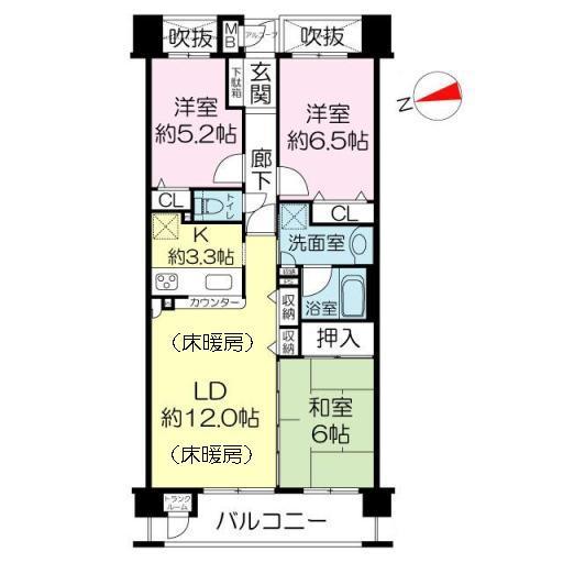 Floor plan. 3LDK, Price 22,300,000 yen, Occupied area 71.92 sq m , Floor heating on the balcony area 8.55 sq m LD, There trunk room on the balcony!