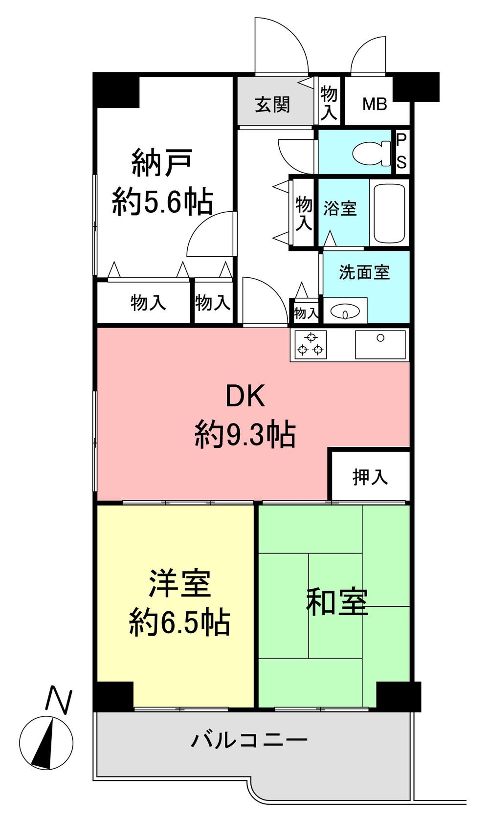 Floor plan. 2LDK + S (storeroom), Price 12.3 million yen, Footprint 64.9 sq m , Balcony area 7.02 sq m