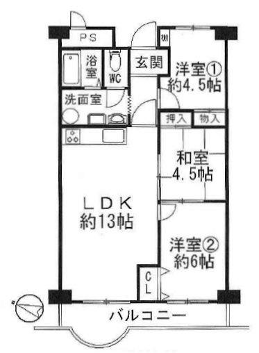 Floor plan. 3LDK, Price 12.9 million yen, Footprint 64 sq m , Balcony area 9.6 sq m