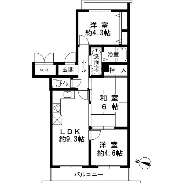 Floor plan. 3LDK, Price 16.8 million yen, Occupied area 54.38 sq m , Balcony area 6.6 sq m