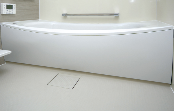 Bathing-wash room.  [Cradle bathtub] Comfortably the per neck by increasing the headrest part, Partial narrowing stride is low, Consideration to the ease of entering. Rim shape has been designed to be easy over the arm "cradle tub" is, Is bathing sense of features encompassing the beautiful curves and systemic. More floor, "Hot Karari floor" has been adopted in the W thermal insulation structure. W thermal insulation structure will shut out the cold air from the floor back (same specifications)