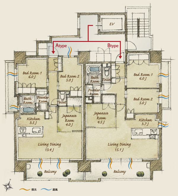 Buildings and facilities. Zenteiminami direction ・ High feeling of opening that corner dwelling unit plan. Independence of the height of one floor 2 House is also attractive (floor plan illustration)