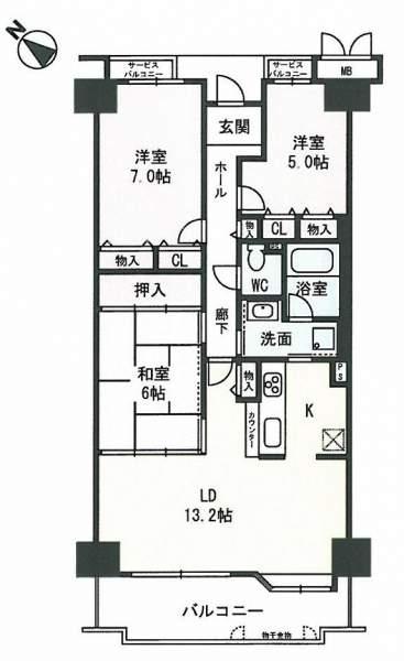 Floor plan. 3LDK, Price 17,900,000 yen, Occupied area 77.15 sq m , Balcony area 11.67 sq m