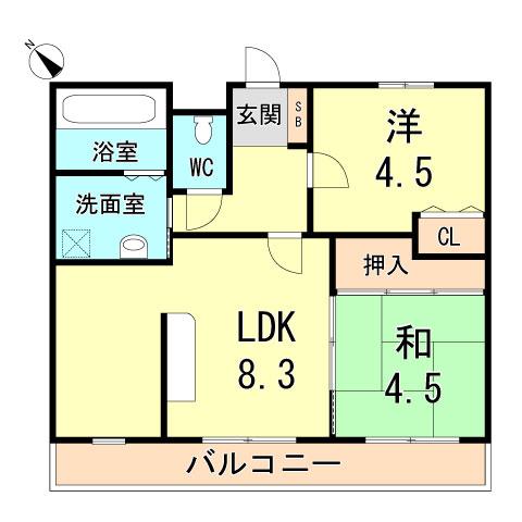 Floor plan. 2LDK, Price 15.8 million yen, Occupied area 45.89 sq m , Balcony area 7 sq m