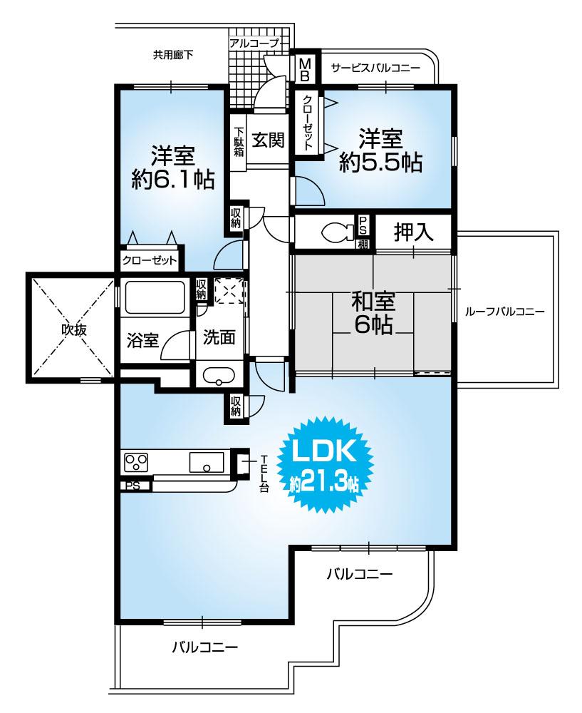 Floor plan. 3LDK, Price 33,800,000 yen, Occupied area 84.37 sq m , Balcony area 10.63 sq m spacious 3LDK + roof balcony!