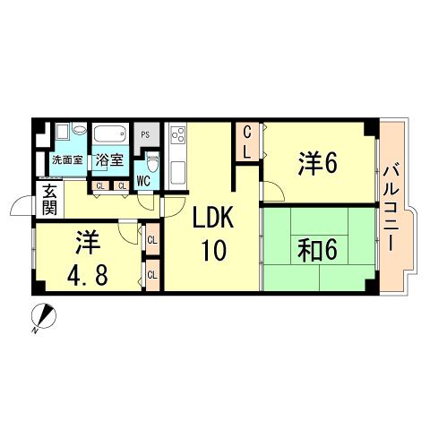 Floor plan. 3LDK, Price 14.8 million yen, Footprint 61.6 sq m , Balcony area 7.45 sq m
