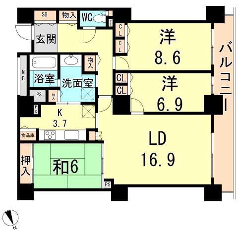 Floor plan. 3LDK, Price 27,800,000 yen, Footprint 102.23 sq m , Balcony area 13.2 sq m