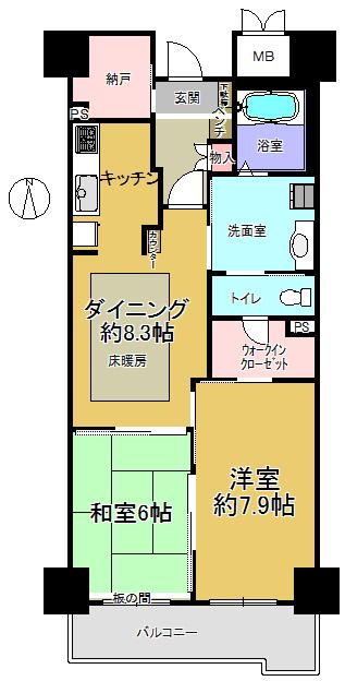 Floor plan. 2DK + S (storeroom), Price 12.8 million yen, Occupied area 64.72 sq m , Balcony area 8.04 sq m