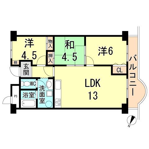 Floor plan. 3LDK, Price 13,900,000 yen, Footprint 64 sq m , Balcony area 9.6 sq m