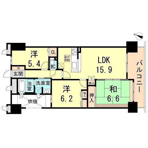 Floor plan. 3LDK, Price 21.6 million yen, Occupied area 73.54 sq m , Balcony area 9.5 sq m