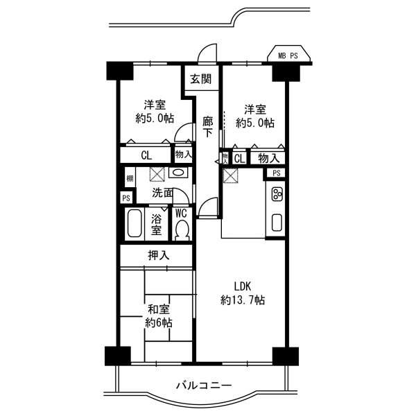 Floor plan. 3LDK, Price 12.8 million yen, Occupied area 70.06 sq m , Balcony area 7.62 sq m