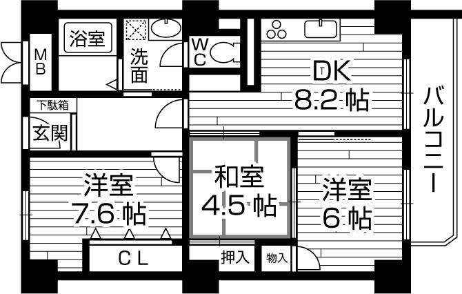 Floor plan. 3DK, Price 13,900,000 yen, Occupied area 64.32 sq m , Balcony area 7.89 sq m south-facing bright rooms