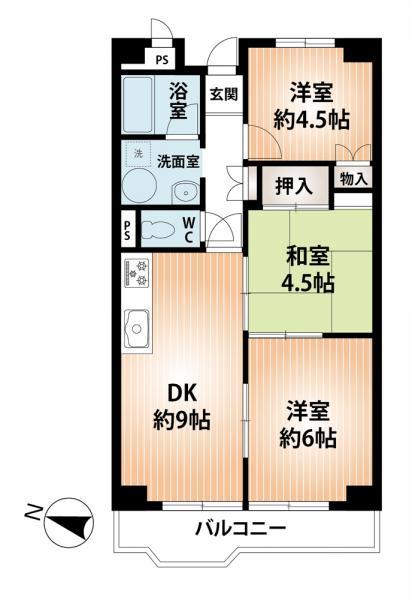 Floor plan. 3LDK, Price 11.9 million yen, Footprint 64 sq m , Balcony area 9.6 sq m