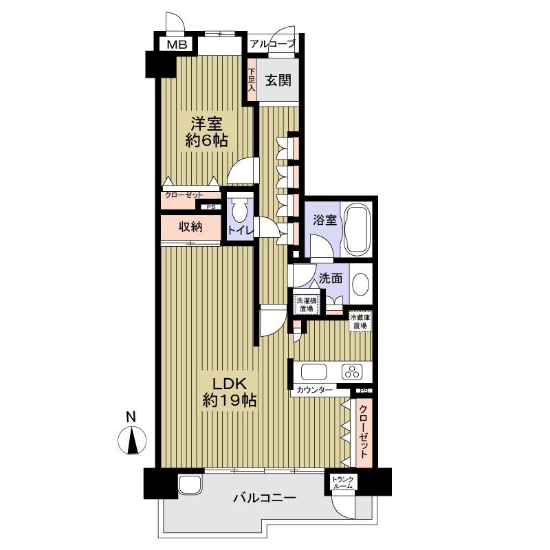 Floor plan. 1LDK, Price 22,800,000 yen, Occupied area 63.47 sq m , Balcony area 8.77 sq m