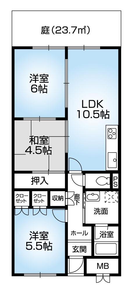 Floor plan. 3LDK, Price 13.3 million yen, Occupied area 59.63 sq m spacious private garden 23.7 sq m ! Immediate Available in a room renovated!