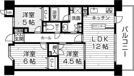 Floor plan. 3LDK, Price 32,800,000 yen, Occupied area 65.51 sq m , Balcony area 11.88 sq m south-facing bright rooms