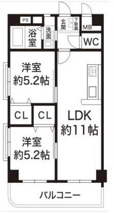 Floor plan. 2LDK, Price 11.4 million yen, Footprint 49.5 sq m , Balcony area 7.7 sq m