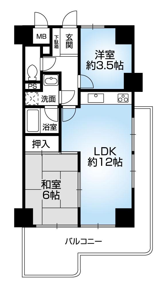 Floor plan. 2LDK, Price 9.99 million yen, Occupied area 49.85 sq m , Balcony area 14.04 sq m bright southeast corner room!