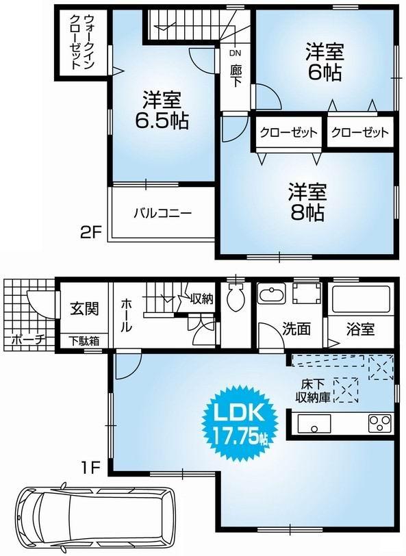 Floor plan. 23.8 million yen, 3LDK, Land area 92.41 sq m , Building area 88.28 sq m Mato (3LDK). Newly built one detached with garage. Spacious LDK17.7 Pledge is in a field of family reunion. 