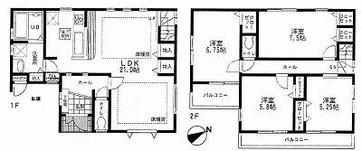 Floor plan. 34,800,000 yen, 4LDK, Land area 105.95 sq m , Building area 109.95 sq m living spacious 21 tatami mats