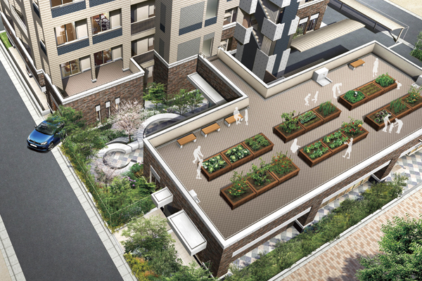 Shared facilities.  [Rooftop garden] Entrance Building second floor of the rooftop garden is all 18 compartments. You can enjoy the cultivation of vegetables and fruit ※ Paid (Rendering)