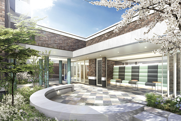 Shared facilities.  [Melody A terrace & melody A Living] The corridor next to the entrance from the building to the residential building, Prepare a melody A terrace decorate the planting of four seasons around. There is a melody A living room overlooking the terrace through the glass to the next, It is likely to be used as a recreation area (Rendering)