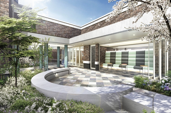 Building structure. The corridor next to the entrance from the building to the residential building, The melody A terrace decorate the planting of four seasons around, Established the melody A living room overlooking the terrace through the glass to the next