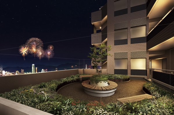 Building structure. To Ritmo Building 7th floor, Prepare a Ritmo garden to be open-minded outlook space. To center the symbol tree, Guests while petting and colorful planting and flowers  ※ 5 points all Rendering