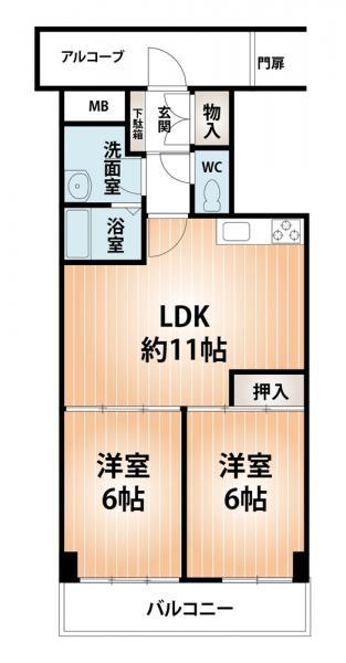 Floor plan. 2LDK, Price 9.8 million yen, Footprint 50.5 sq m , Easy-to-use floor plans on the balcony area 6.5 sq m simple