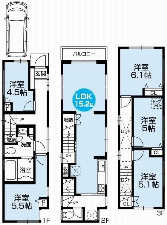 Floor plan. 26,800,000 yen, 5LDK, Land area 63.16 sq m , Building area 105.66 sq m Mato (5LDK) newly built one detached houses with car port. Loose 5LDK. The third floor Western-style loft (2 places)
