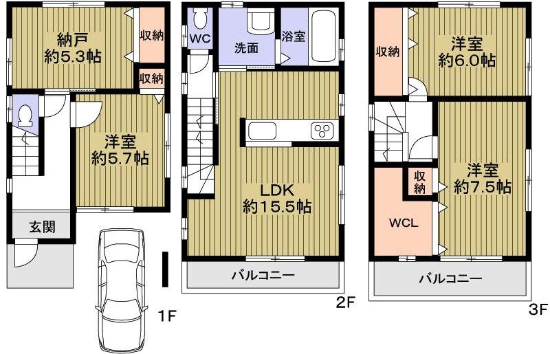 Floor plan. 27,800,000 yen, 3LDK + S (storeroom), Land area 65.42 sq m , Building area 105.57 sq m