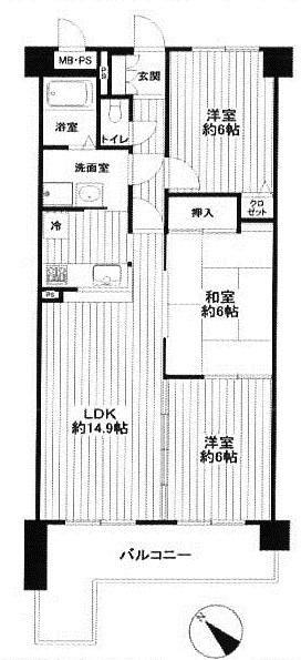 Floor plan. 3LDK, Price 18,800,000 yen, Occupied area 69.03 sq m , Balcony area 10.36 sq m