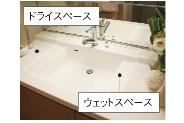Bathing-wash room.  [Counter-integrated Square bowl (DL counter)] Lost tends to collect flange water stain of drainage port, Wet spaces that put the like have been secured soap (same specifications)
