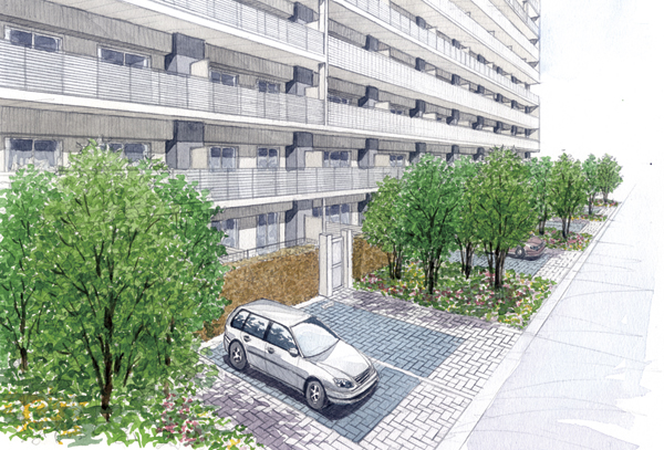 Features of the building.  [Private garden ・ Parking Lot] There is also a plan with a private garden and private parking is available (Rendering Illustration)