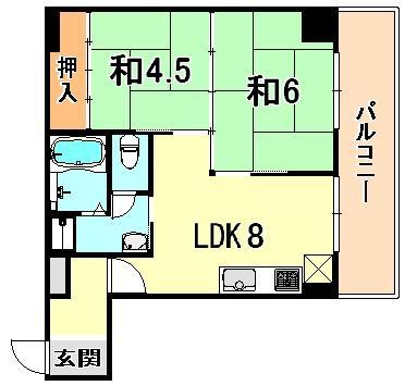 Floor plan. 2LDK, Price 10.8 million yen, Footprint 43.6 sq m , Balcony area 7.38 sq m