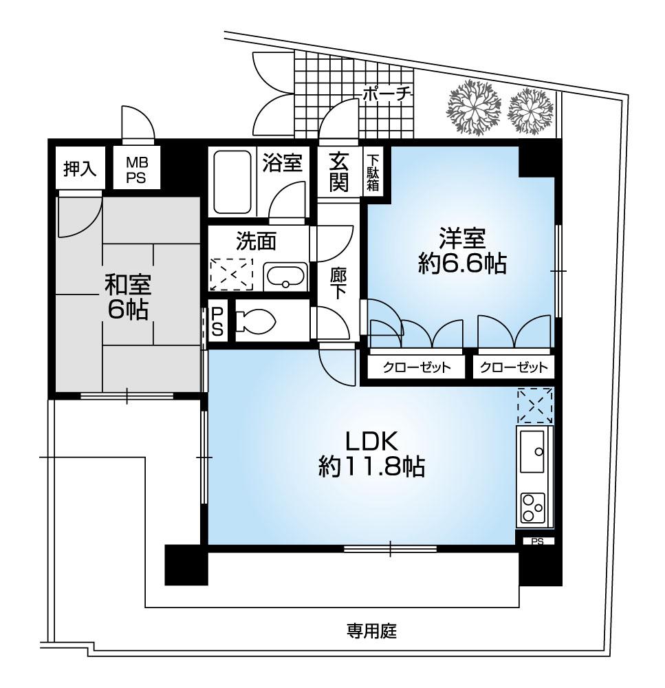 Floor plan. 2LDK, Price 12.3 million yen, Occupied area 52.42 sq m , Balcony area 31.18 sq m Mato (2LDK). 2013 July the entire renovation completed. Lighting at the corner room ・ Ventilation good. Life convenient flat land. Dwelling unit with a private garden.