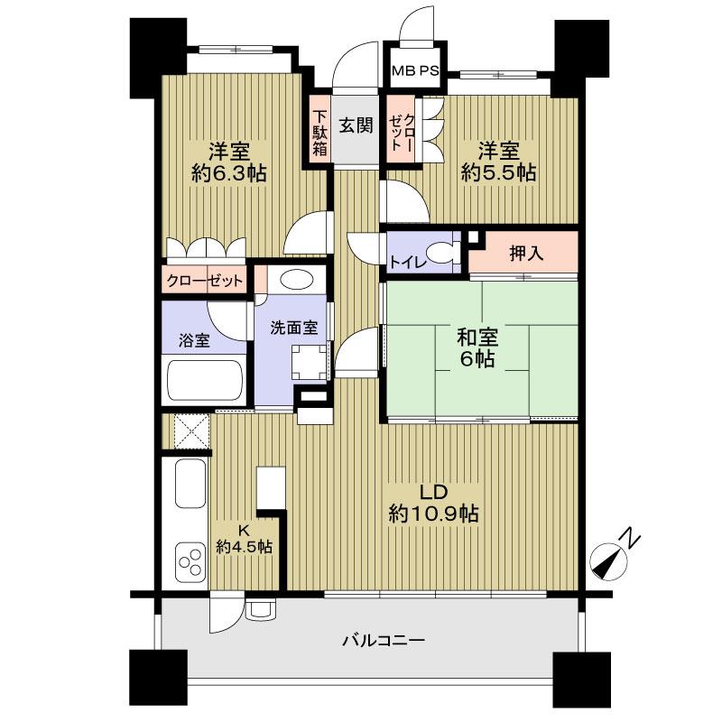Floor plan. 3LDK, Price 25,800,000 yen, Occupied area 72.39 sq m , Balcony area 12.46 sq m