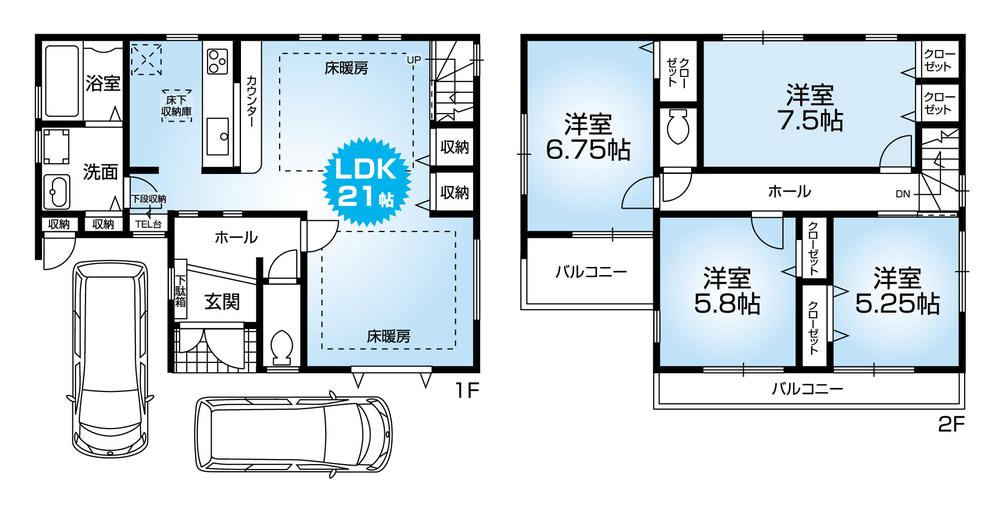 Floor plan. 34,800,000 yen, 4LDK, Land area 105.95 sq m , Building area 109.21 sq m Mato (4LDK). Carport with two newly built one detached. LDK spacious 21 Pledge. Specification of enhancement ・ Facility. 