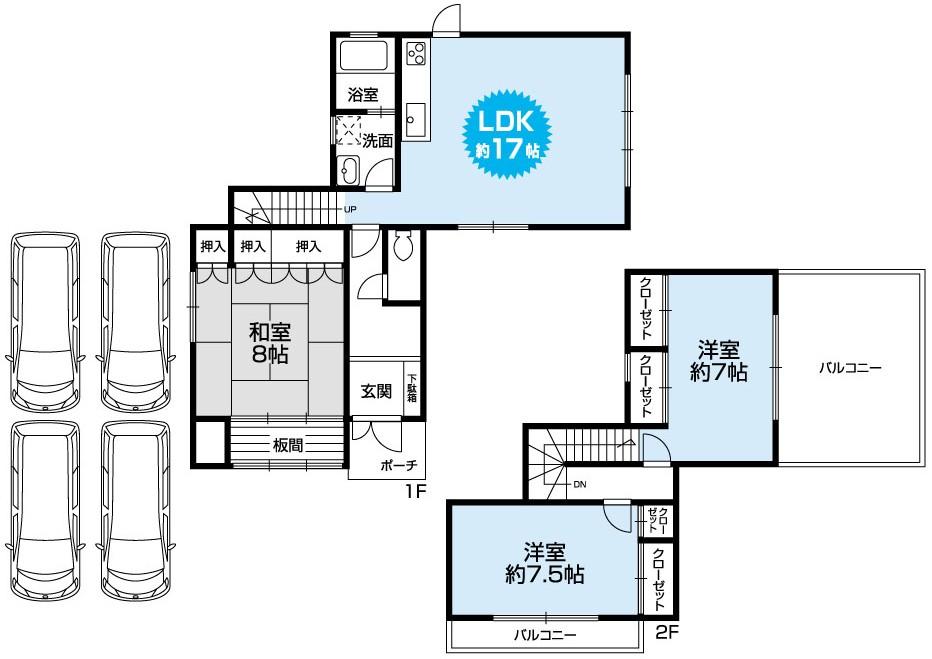 Floor plan. 45,800,000 yen, 3LDK, Land area 226.23 sq m , Building area 103.02 sq m Mato (4LDK). Four parking Yes carport. Site 55 tsubo ・ One detached houses with garden.