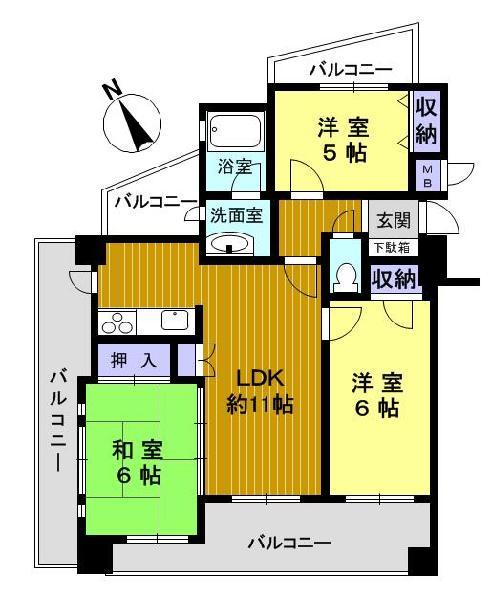 Floor plan. 3LDK, Price 13,900,000 yen, Occupied area 63.77 sq m , Balcony area 23.58 sq m