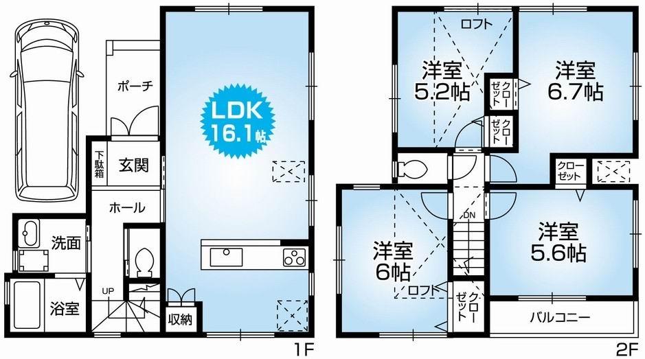 Floor plan. 30.5 million yen, 4LDK, Land area 72.83 sq m , Building area 88 sq m Mato (4LDK). Newly built one detached houses with car port. Life convenient flat land. Well-equipped ・ specification. 5M public road surface. Clean readjustment land within the rooftops. 