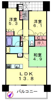 Floor plan. 3LDK, Price 29,800,000 yen, Occupied area 68.33 sq m , Balcony area 11.6 sq m