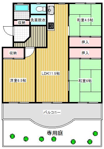 Floor plan. 3LDK, Price 6.3 million yen, Occupied area 65.43 sq m , There is a private garden on the balcony area 9 sq m south