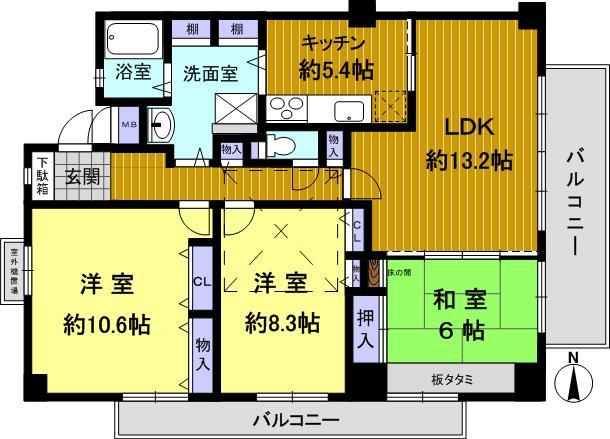 Floor plan. 3LDK, Price 9.3 million yen, Occupied area 99.07 sq m , Balcony area 16.16 sq m