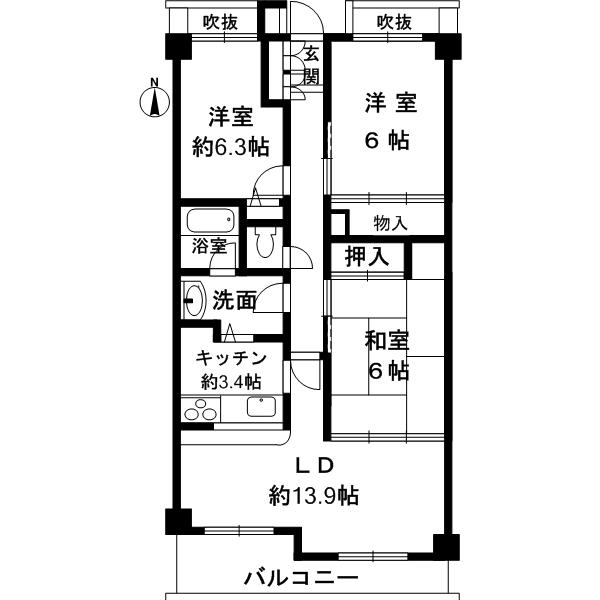 Floor plan. 3LDK, Price 12.8 million yen, Occupied area 77.82 sq m , Balcony area 7.76 sq m