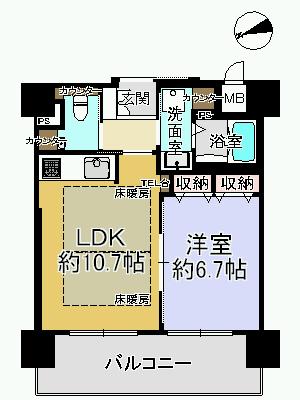 Floor plan. 1LDK, Price 9.5 million yen, Footprint 44.1 sq m , Balcony area 11.34 sq m